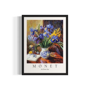 Impresión artística de bodegón de Monet con jarrón de flores de iris, póster de arte de pared, obra de arte de pintura original, decoración de obras de arte