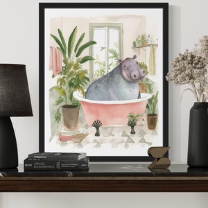 Hippo Animal in Bathtub Art Print Poster, Original Artwork Painting, Bathroom Prints Decor