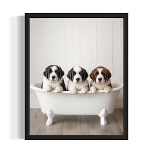 Saint Bernard Puppies in Bathtub Poster Art Print, Bathroom Wall Art Poster, Original Paint Artwork, Artwork Decor