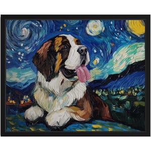 Saint Bernard Dog Starry Night Art Print, Wall Art Poster, Original Paint Artwork, Artwork Decor
