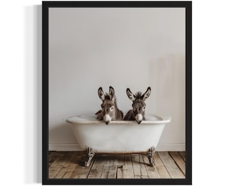 Donkey Animal in Bathtub Art Print Poster, Original Artwork Painting, Bathroom Prints Decor
