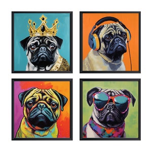 Pug Art Print, Pug Poster, Pug Wall Art (Set of 4) Unframed.