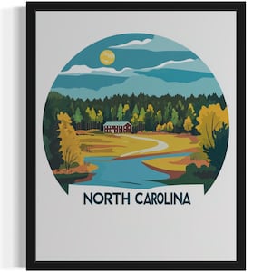 Impressão de arte de cenário dos estados da Carolina do Norte, pôster de arte de parede, arte de pintura original, decoração de arte