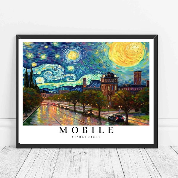 Mobile Alabama Starry Night Art Print, Van Gogh Mobile Poster Wall Art, Original Mobile Painting Decor