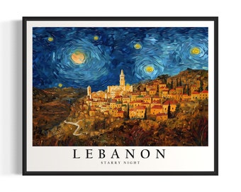 Lebanon Starry Night Art Print, Van Gogh Lebanon Poster Wall Art, Original Lebanon Painting Decor