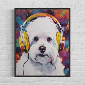 Maltese with Headphones Art Print, Dog Wall Art Poster, Original Paint Artwork, Maltese Gift