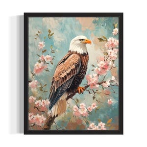 Bald Eagle Bird with Flowers Poster Art Print, Living Room Wall Art Poster, Original Paint Artwork, Artwork Decor