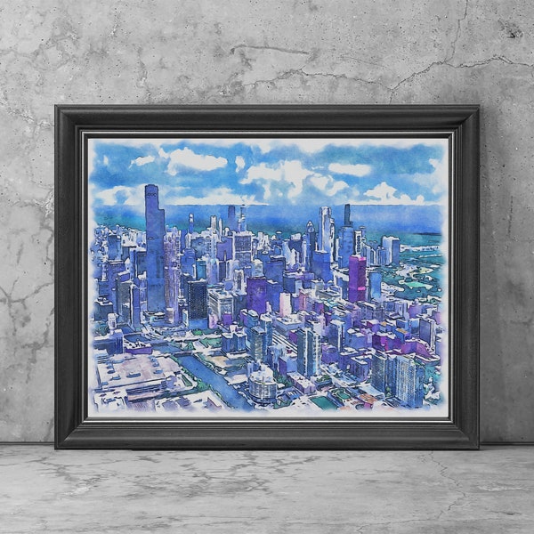 Chicago Watercolor Art Print, Chicago Illinois Original Sketched Artwork Photo, Chicago Poster Decor, Chicago Painting