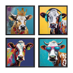 Kuh Kunstdruck, Kuh Poster, Kuh Wandkunst (4er Set) Ungerahmt.