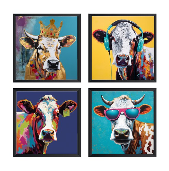 Cow Art Print, Cow Poster, Cow Wall Art (Set of 4) Unframed.