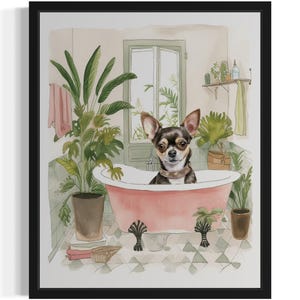 Chihuahua Dog in Bathtub Art Print, Bathroom Wall Art Poster, Original Paint Artwork, Artwork Decor