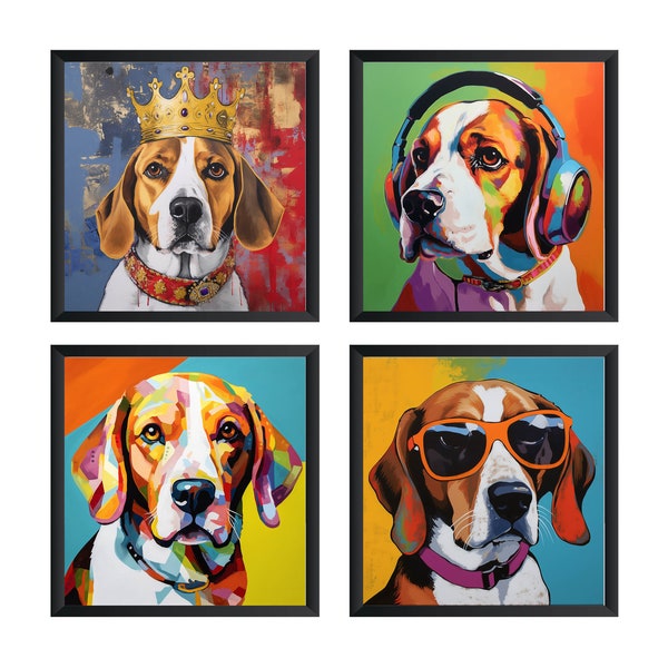 Beagle Art Print, Beagle Poster, Beagle Wall Art (Lot de 4) Sans cadre.