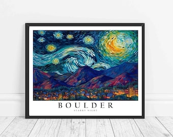 Boulder Colorado Starry Night Art Print, Van Gogh Boulder Poster Wall Art, Original Boulder Painting Decor