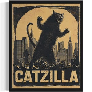 Funny Catzilla Art Print, Cat Wall Art Poster, Original Paint Artwork, Artwork Decor