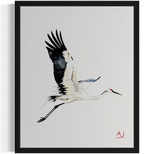 Crane Flying Bird Watercolor Art Print, Wall Art Poster, Original Paint Artwork, Artwork Decor
