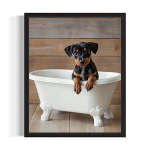 Minature Pinscher Puppies in Bathtub Poster Art Print, Bathroom Wall Art Poster, Original Paint Artwork, Artwork Decor