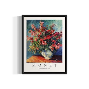 Impresión artística de bodegón de Monet con jarrón de flores de geranio, póster de arte de pared, obra de arte de pintura original, decoración de obras de arte
