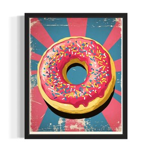 Stampa artistica "Sprinkles Doughnut Pop Art", poster da parete per soggiorno, opera d'arte originale, opera d'arte decorativa