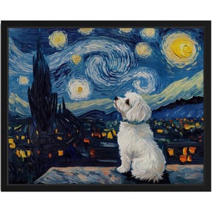 Maltese Dog Starry Night Art Print, Wall Art Poster, Original Paint Artwork, Artwork Decor