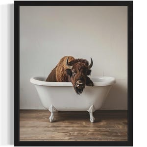 Bizon dier in bad Art Print poster, origineel kunstwerk schilderij, badkamer prints decor