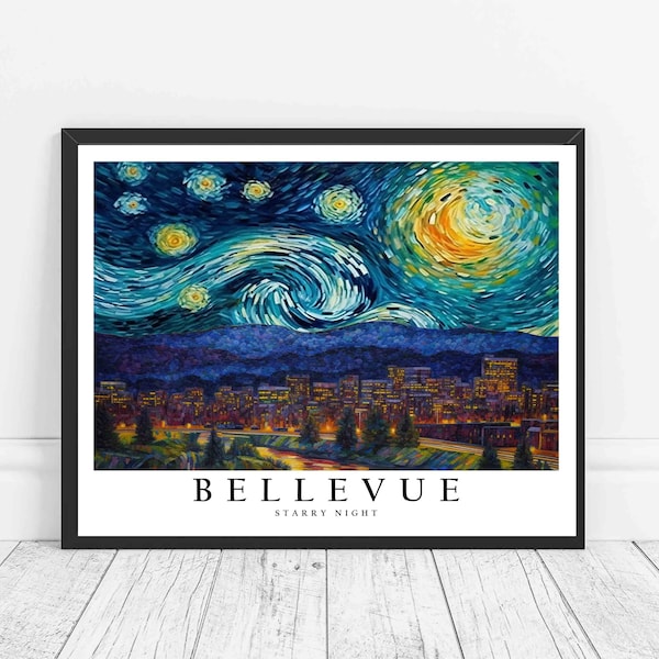 Bellevue Washington Starry Night Art Print, Van Gogh Bellevue Poster Wall Art, Original Bellevue Painting Decor