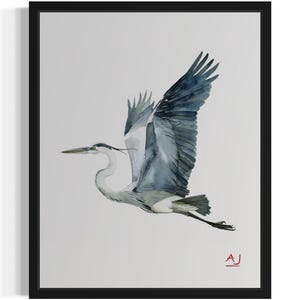 Heron Flying  Bird Watercolor Art Print, Wall Art Poster, Original Paint Artwork, Artwork Decor