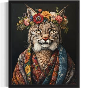 Lynx Animal With Flower Art Print, Wall Art Poster, Original Paint Artwork, Artwork Decor