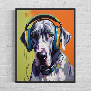 Great Dane with Headphones Art Print, Dog Wall Art Poster, Original Paint Artwork, Great Dane Gift