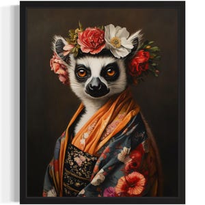 Lemur Tier mit Blume Kunstdruck, Wand Kunst Poster, Original Kunstwerk, Kunstwerk Decor