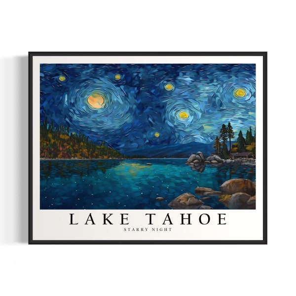 Lake Tahoe Starry Night Art Print, Van Gogh Lake Tahoe Poster Wall Art, Original Lake Tahoe Painting Decor