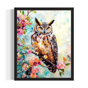 Great Horned Owl Bird with Flowers Poster Art Print, Living Room Wall Art Poster, Original Paint Artwork, Artwork Decor