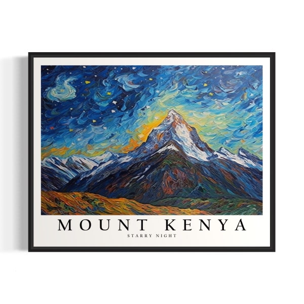 Mount Kenya Starry Night Art Print, Van Gogh Style Poster Wall Art, Original Painting Decor