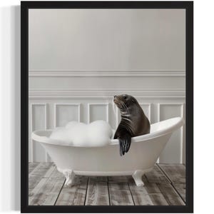 Seal Animal in Bathtub Art Print Poster, Original Artwork Painting, Bathroom Prints Decor