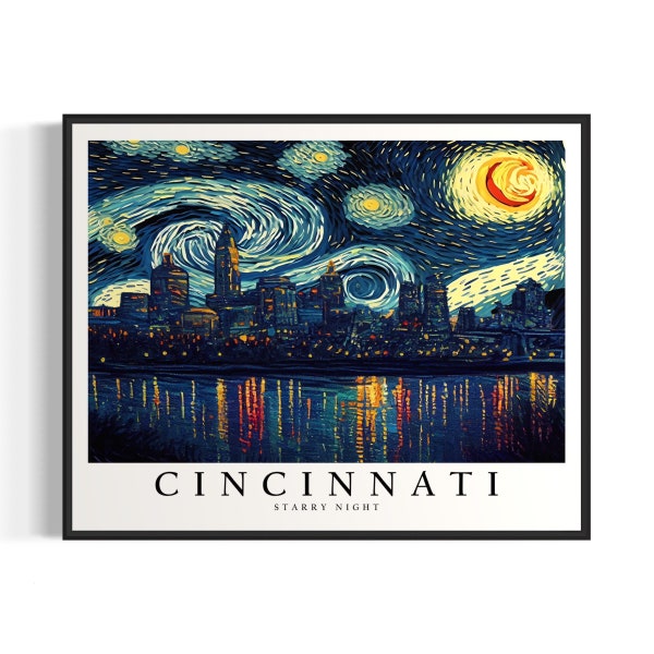 Cincinnati Starry Night Art Print, Van Gogh Cincinnati Poster Wall Art, Original Cincinnati Painting Decor