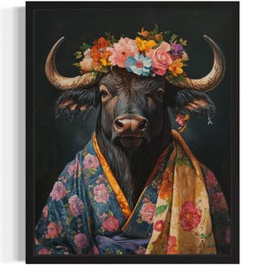 Buffalo Animal With Flower Art Print, Wall Art Poster, Original Paint Artwork, Artwork Decor
