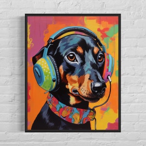 Dachshund with Headphones Art Print, Dog Wall Art Poster, Original Paint Artwork, Dachshund Gift