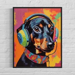Dackel mit Kopfhörern Art Print, Hund Wand Kunst Poster, Originale Malerei, Dackel Geschenk