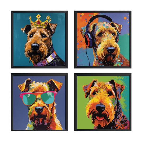 Welsh Terrier Kunstdruck, Welsh Terrier Poster, Welsh Terrier Wandkunst (4er Set) Ungerahmt.