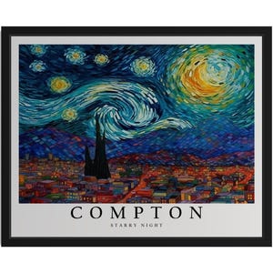 Impresión artística de la noche estrellada de Compton, California, póster de arte mural, obra de arte de pintura original, decoración de obras de arte