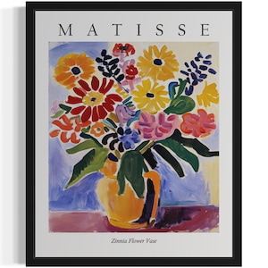 Impresión artística de flores de Matisse con jarrón de zinnia, póster de arte de pared, obra de arte de pintura original, decoración de obras de arte