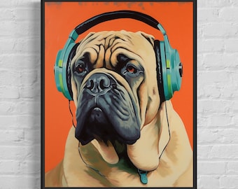 English Mastiff with Headphones Art Print, Dog Wall Art Poster, Original Paint Artwork, English Mastiff Gift