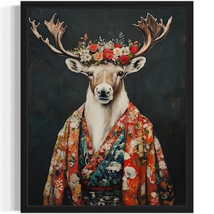 Caribou Animal With Flower Art Print, Wall Art Poster, Original Paint Artwork, Artwork Decor