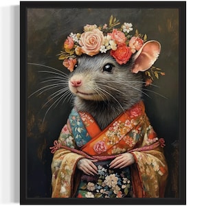 Rat Animal With Flower Art Print, Wall Art Poster, Original Paint Artwork, Artwork Decor