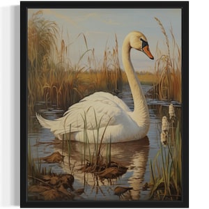 Impresión artística de aves acuáticas cisne cantor, póster de arte de pared, obra de arte de pintura original, decoración de obras de arte