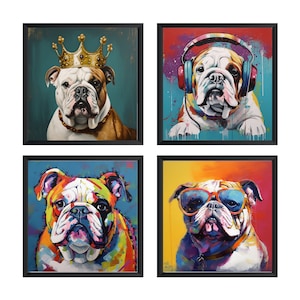 Bulldog Art Print, Bulldog Poster, Bulldog Wall Art (Set of 4) Unframed.