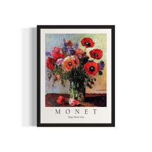 Impresión artística de bodegón de Monet con jarrón de flores de amapolas, póster de arte de pared, obra de arte de pintura original, decoración de obras de arte