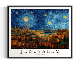 Jerusalem Starry Night Art Print, Van Gogh Jerusalem Poster Wall Art, Original Jerusalem Painting Decor