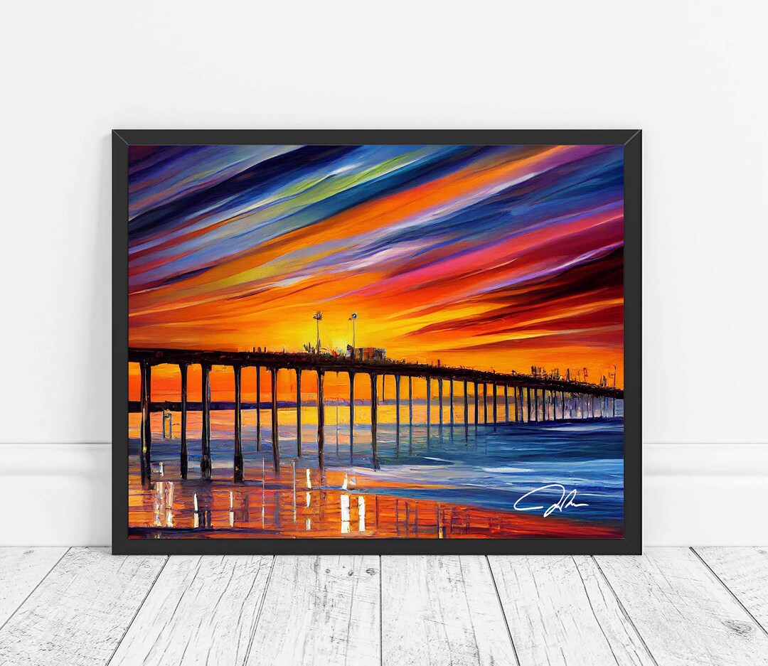 Huntington Beach Pier Skyline Art Print Huntington Beach Painting Wall