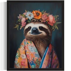 Sloth Animal With Flower Art Print, Wall Art Poster, Original Paint Artwork, Artwork Decor