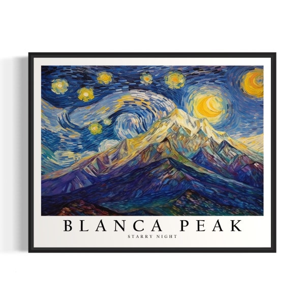 Blanca Peak Mountain Starry Night Art Print, Van Gogh Style Poster Wall Art, Original Painting Decor